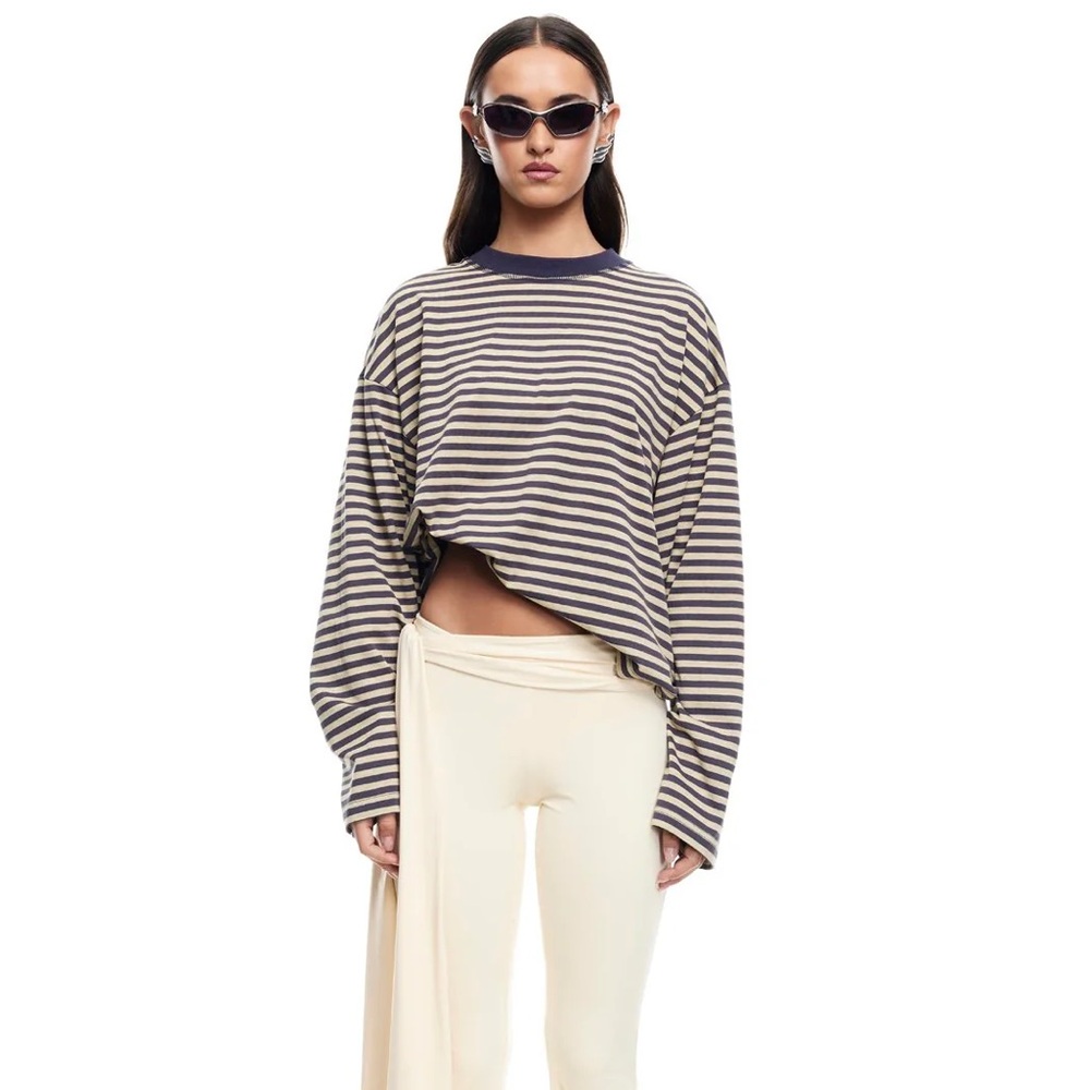 Lioness Navy and Cream Striped Long Sleeve Crop Top